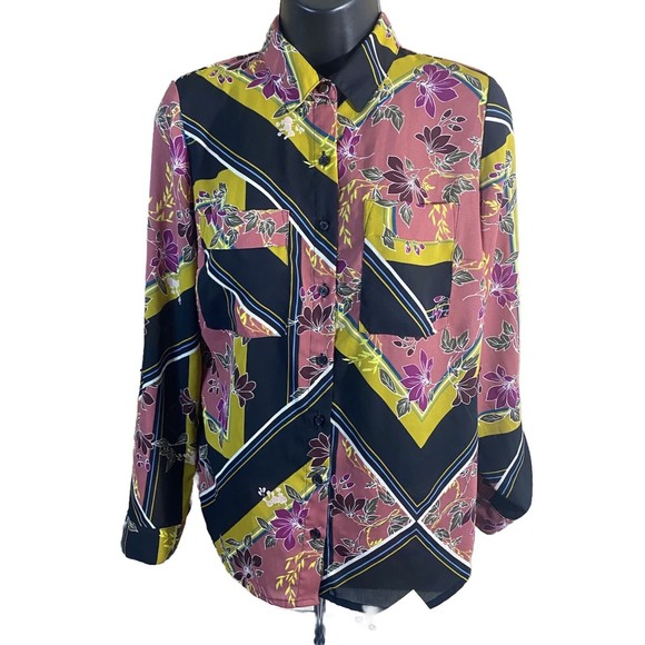 Apt. 9 Tops - Multicolor Floral/striped Button Up Top With Pockets/button Sleeves Size XS